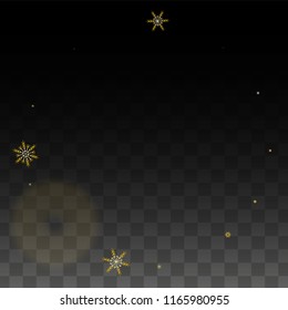 Christmas  Vector Background with Gold Falling Snowflakes Isolated on Transparent Background. Festival Snow Sparkle Pattern. Snowfall Overlay Print. Winter Sky. Design for  Banner.
