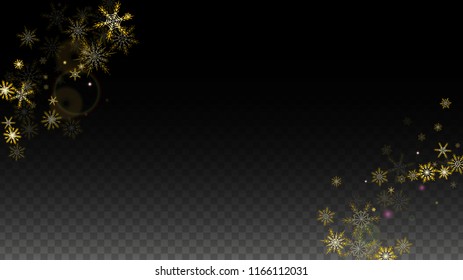 Christmas  Vector Background with Gold Falling Snowflakes Isolated on Transparent Background. Fantasy Snow Sparkle Pattern. Snowfall Overlay Print. Winter Sky. Design for  Party Invitation.