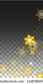 Christmas  Vector Background with Gold Falling Snowflakes Isolated on Transparent Background. Fantasy Snow Sparkle Pattern. Snowfall Overlay Print. Winter Sky. Design for  Party Invitation.