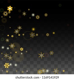 Christmas  Vector Background with Gold Falling Snowflakes Isolated on Transparent Background. Festival Snow Sparkle Pattern. Snowfall Overlay Print. Winter Sky. Design for  Party Invitation.