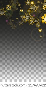 Christmas  Vector Background with Gold Falling Snowflakes Isolated on Transparent Background. Fantasy Snow Sparkle Pattern. Snowfall Overlay Print. Winter Sky. Design for  Christmas Sale.