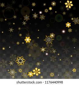Christmas  Vector Background with Gold Falling Snowflakes Isolated on Transparent Background. Magic Snow Sparkle Pattern. Snowfall Overlay Print. Winter Sky. Design for  Christmas Sale.