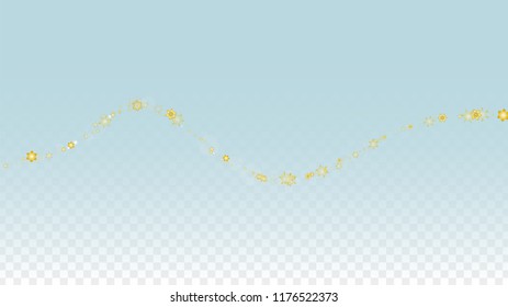 Christmas  Vector Background with Gold Falling Snowflakes Isolated on Transparent Background. Magic Snow Sparkle Pattern. Snowfall Overlay Print. Winter Sky. Design for  Banner.