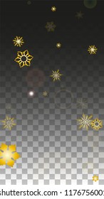 Christmas  Vector Background with Gold Falling Snowflakes Isolated on Transparent Background. Miracle Snow Sparkle Pattern. Snowfall Overlay Print. Winter Sky. Design for  Poster.
