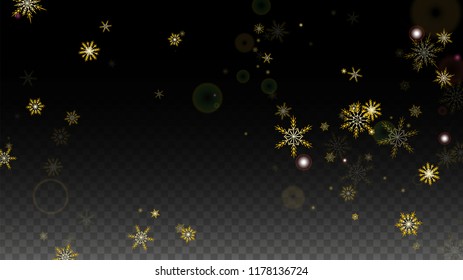 Christmas  Vector Background with Gold Falling Snowflakes Isolated on Transparent Background. Magic Snow Sparkle Pattern. Snowfall Overlay Print. Winter Sky. Design for  Poster.