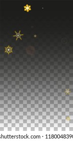 Christmas  Vector Background with Gold Falling Snowflakes Isolated on Transparent Background. Realistic Snow Sparkle Pattern. Snowfall Overlay Print. Winter Sky. Design for  Banner.