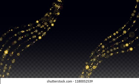 Christmas  Vector Background with Gold Falling Snowflakes Isolated on Transparent Background. Magic Snow Sparkle Pattern. Snowfall Overlay Print. Winter Sky. Design for  Poster.