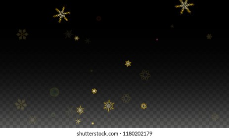 Christmas  Vector Background with Gold Falling Snowflakes Isolated on Transparent Background. Fantasy Snow Sparkle Pattern. Snowfall Overlay Print. Winter Sky. Design for  Party Invitation.
