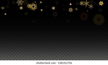 Christmas  Vector Background with Gold Falling Snowflakes Isolated on Transparent Background. Elegance Snow Sparkle Pattern. Snowfall Overlay Print. Winter Sky. Design for  Christmas Sale.