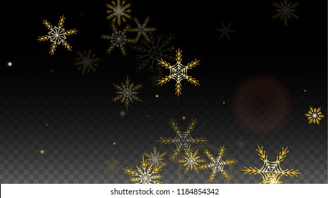 Christmas  Vector Background with Gold Falling Snowflakes Isolated on Transparent Background. Festival Snow Sparkle Pattern. Snowfall Overlay Print. Winter Sky. Design for  Party Invitation.