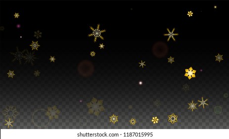 Christmas  Vector Background with Gold Falling Snowflakes Isolated on Transparent Background. Elegance Snow Sparkle Pattern. Snowfall Overlay Print. Winter Sky. Design for  Party Invitation.