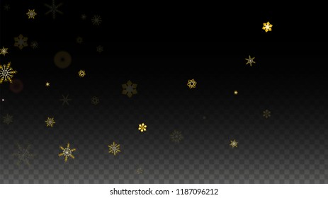 Christmas  Vector Background with Gold Falling Snowflakes Isolated on Transparent Background. Magic Snow Sparkle Pattern. Snowfall Overlay Print. Winter Sky. Design for  Banner.