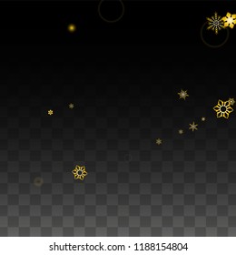 Christmas  Vector Background with Gold Falling Snowflakes Isolated on Transparent Background. Glitter Snow Sparkle Pattern. Snowfall Overlay Print. Winter Sky. Design for  Banner.