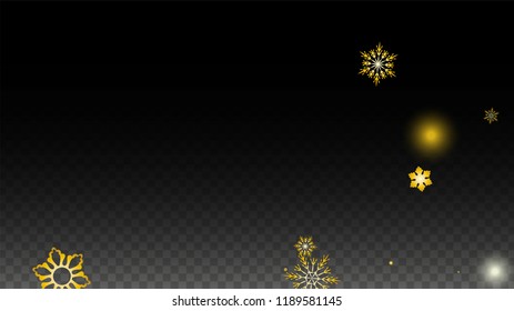 Christmas  Vector Background with Gold Falling Snowflakes Isolated on Transparent Background. Realistic Snow Sparkle Pattern. Snowfall Overlay Print. Winter Sky. Design for  Party Invitation.