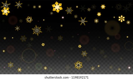 Christmas  Vector Background with Gold Falling Snowflakes Isolated on Transparent Background. Festival Snow Sparkle Pattern. Snowfall Overlay Print. Winter Sky. Design for  Banner.