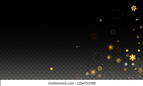 Christmas  Vector Background with Gold Falling Snowflakes Isolated on Transparent Background. Glitter Snow Sparkle Pattern. Snowfall Overlay Print. Winter Sky. Design for  Christmas Sale.