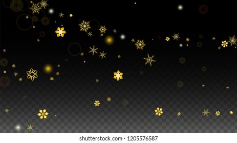 Christmas  Vector Background with Gold Falling Snowflakes Isolated on Transparent Background. Glitter Snow Sparkle Pattern. Snowfall Overlay Print. Winter Sky. Design for  Poster.