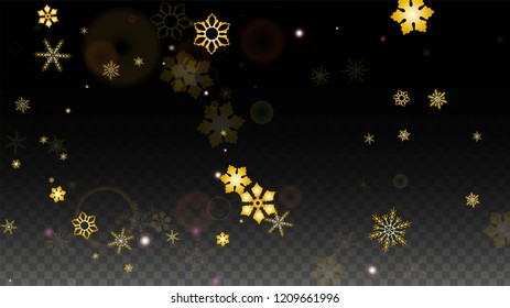 Christmas  Vector Background with Gold Falling Snowflakes Isolated on Transparent Background. Miracle Snow Sparkle Pattern. Snowfall Overlay Print. Winter Sky. Design for  Party Invitation.