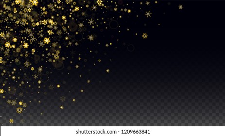 Christmas  Vector Background with Gold Falling Snowflakes Isolated on Transparent Background. Realistic Snow Sparkle Pattern. Snowfall Overlay Print. Winter Sky. Design for  Christmas Sale.