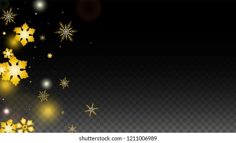 Christmas  Vector Background with Gold Falling Snowflakes Isolated on Transparent Background. Luxury Snow Sparkle Pattern. Snowfall Overlay Print. Winter Sky. Design for  Christmas Sale.