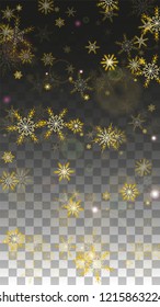 Christmas  Vector Background with Gold Falling Snowflakes Isolated on Transparent Background. Magic Snow Sparkle Pattern. Snowfall Overlay Print. Winter Sky. Design for  Party Invitation.