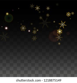 Christmas  Vector Background with Gold Falling Snowflakes Isolated on Transparent Background. Glitter Snow Sparkle Pattern. Snowfall Overlay Print. Winter Sky. Design for  Banner.