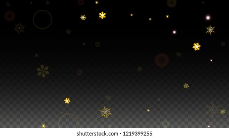 Christmas  Vector Background with Gold Falling Snowflakes Isolated on Transparent Background. Magic Snow Sparkle Pattern. Snowfall Overlay Print. Winter Sky. Design for  Poster.