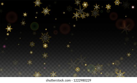 Christmas  Vector Background with Gold Falling Snowflakes Isolated on Transparent Background. Fantasy Snow Sparkle Pattern. Snowfall Overlay Print. Winter Sky. Design for  Banner.