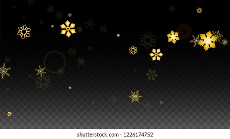 Christmas  Vector Background with Gold Falling Snowflakes Isolated on Transparent Background. Miracle Snow Sparkle Pattern. Snowfall Overlay Print. Winter Sky. Design for  Party Invitation.