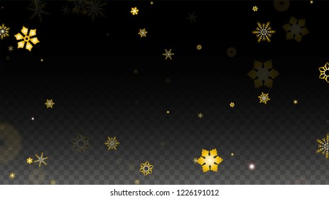 Christmas  Vector Background with Gold Falling Snowflakes Isolated on Transparent Background. Realistic Snow Sparkle Pattern. Snowfall Overlay Print. Winter Sky. Design for  Christmas Sale.
