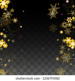 Christmas  Vector Background with Gold Falling Snowflakes Isolated on Transparent Background. Realistic Snow Sparkle Pattern. Snowfall Overlay Print. Winter Sky. Design for  Poster.