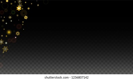 Christmas  Vector Background with Gold Falling Snowflakes Isolated on Transparent Background. Fantasy Snow Sparkle Pattern. Snowfall Overlay Print. Winter Sky. Design for  Party Invitation.