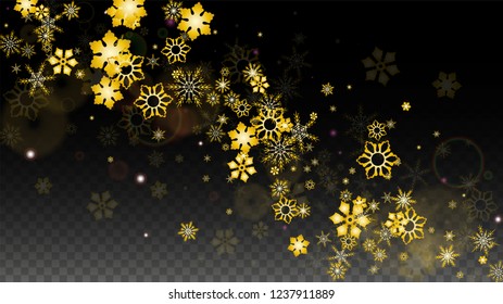 Christmas  Vector Background with Gold Falling Snowflakes Isolated on Transparent Background. Festival Snow Sparkle Pattern. Snowfall Overlay Print. Winter Sky. Design for  Poster.
