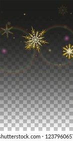 Christmas  Vector Background with Gold Falling Snowflakes Isolated on Transparent Background. Fantasy Snow Sparkle Pattern. Snowfall Overlay Print. Winter Sky. Design for  Christmas Sale.