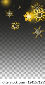 Christmas  Vector Background with Gold Falling Snowflakes Isolated on Transparent Background. Glitter Snow Sparkle Pattern. Snowfall Overlay Print. Winter Sky. Design for  Christmas Sale.