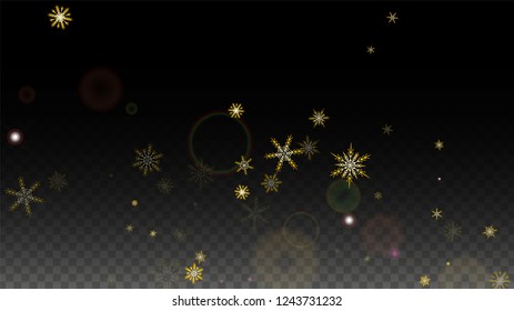 Christmas  Vector Background with Gold Falling Snowflakes Isolated on Transparent Background. Glitter Snow Sparkle Pattern. Snowfall Overlay Print. Winter Sky. Design for  Party Invitation.