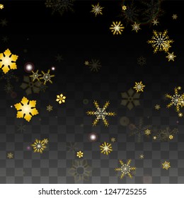 Christmas  Vector Background with Gold Falling Snowflakes Isolated on Transparent Background. Miracle Snow Sparkle Pattern. Snowfall Overlay Print. Winter Sky. Design for  Christmas Sale.