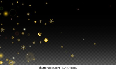 Christmas  Vector Background with Gold Falling Snowflakes Isolated on Transparent Background. Magic Snow Sparkle Pattern. Snowfall Overlay Print. Winter Sky. Design for  Party Invitation.