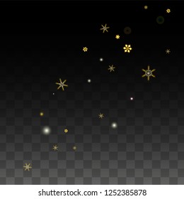 Christmas  Vector Background with Gold Falling Snowflakes Isolated on Transparent Background. Miracle Snow Sparkle Pattern. Snowfall Overlay Print. Winter Sky. Design for  Christmas Sale.
