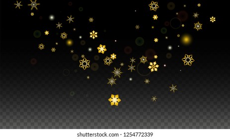Christmas  Vector Background with Gold Falling Snowflakes Isolated on Transparent Background. Festival Snow Sparkle Pattern. Snowfall Overlay Print. Winter Sky. Design for  Christmas Sale.