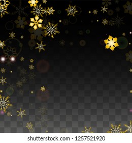 Christmas  Vector Background with Gold Falling Snowflakes Isolated on Transparent Background. Magic Snow Sparkle Pattern. Snowfall Overlay Print. Winter Sky. Design for  Banner.