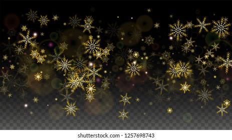 Christmas  Vector Background with Gold Falling Snowflakes Isolated on Transparent Background. Miracle Snow Sparkle Pattern. Snowfall Overlay Print. Winter Sky. Design for  Banner.