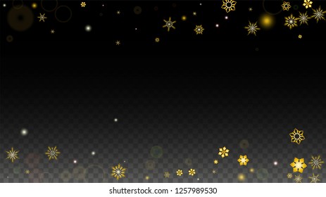 Christmas  Vector Background with Gold Falling Snowflakes Isolated on Transparent Background. Miracle Snow Sparkle Pattern. Snowfall Overlay Print. Winter Sky. Design for  Christmas Sale.