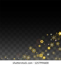 Christmas  Vector Background with Gold Falling Snowflakes Isolated on Transparent Background. Realistic Snow Sparkle Pattern. Snowfall Overlay Print. Winter Sky. Design for  Poster.