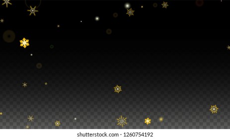 Christmas  Vector Background with Gold Falling Snowflakes Isolated on Transparent Background. Glitter Snow Sparkle Pattern. Snowfall Overlay Print. Winter Sky. Design for  Banner.