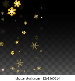 Christmas  Vector Background with Gold Falling Snowflakes Isolated on Transparent Background. Elegance Snow Sparkle Pattern. Snowfall Overlay Print. Winter Sky. Design for  Poster.