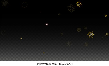 Christmas  Vector Background with Gold Falling Snowflakes Isolated on Transparent Background. Realistic Snow Sparkle Pattern. Snowfall Overlay Print. Winter Sky. Design for  Party Invitation.