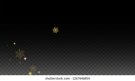 Christmas  Vector Background with Gold Falling Snowflakes Isolated on Transparent Background. Realistic Snow Sparkle Pattern. Snowfall Overlay Print. Winter Sky. Design for  Poster.