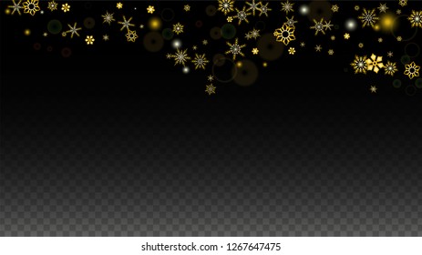 Fondo vectorial de Navidad con copos de nieve que caen en oro aislados en un fondo transparente. Patrón de espuma de nieve. Impresión superpuesta de nieve. Cielo invernal. Diseño de afiche.