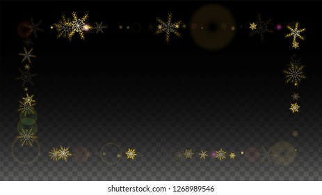 Christmas  Vector Background with Gold Falling Snowflakes Isolated on Transparent Background. Glitter Snow Sparkle Pattern. Snowfall Overlay Print. Winter Sky. Design for  Christmas Sale.